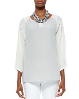 Womens 3/4 Sleeve Silk Colorblock Top, Silver/Bone   Eileen Fisher   Silver/