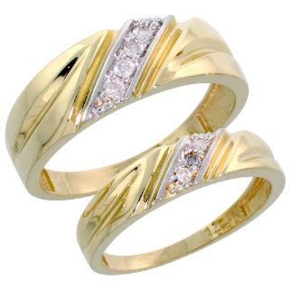 14k Gold His (7mm) & Hers (5mm) Diamond Wedding Band Set, w/ 0.15 Carat Brilliant Cut Diamonds, size 6 Rings Jewelry