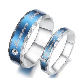 Stainless Steel Cz Gem "Forever Love" Engraved Couple Rings Set for Engagement, Promise, Eternity R015 (His Size 7,8,9,10; Hers Size 5,6,7,8). Please Email Sizes Jewelry