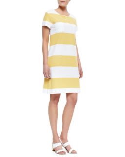 Striped Pique Short Sleeve Dress, Womens   Joan Vass   Blue grotto/Brt w (2X