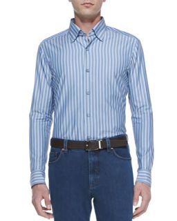 Mens Striped Oxford Long Sleeve Shirt, Blue   Ermenegildo Zegna   Blue (XXXL)