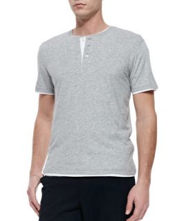 Mens Double Layer Short Sleeve Henley, Gray   Vince   Grey (X LARGE)
