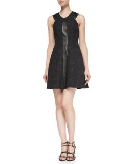 Womens Quilted Floral & Leather Dress   Rebecca Taylor   Black (8)