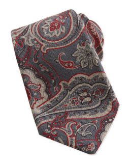 Mens Paisley Print Woven Tie, Gray/Red   Kiton   Grey/Red