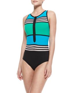 Womens Striped/Colorblock Front Zip Swimsuit   Karla Colletto   Green/Blue (12)