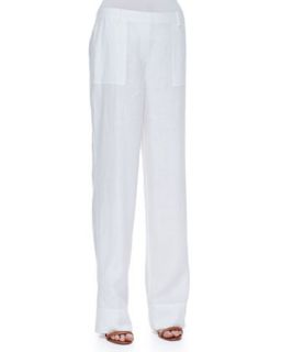 Womens Silicon Washed Linen Pants   White (LARGE (12/14))