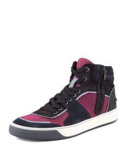 Mens Mesh & Suede Hi Top Sneakers, Fuchsia/Red   Lanvin   Purple (13.0D)