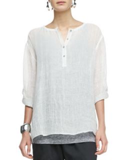 Womens Ombre Striped Linen Henley Shirt   Eileen Fisher   Silver/White (XL