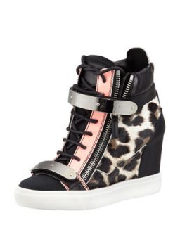 Leopard Print Calf Hair Wedge Sneaker, Black/Pink   Giuseppe Zanotti  