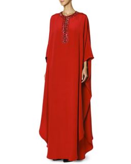 Womens Long Caftan with Jewel Trimmed Collar, Rosso Scur   Emilio Pucci  