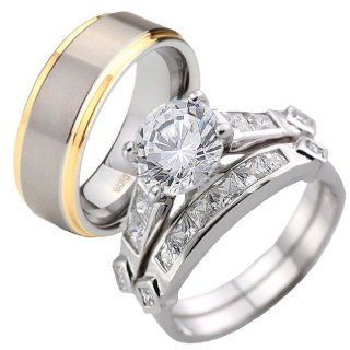 His Hers Silver 925 4.8CT Round CZ & Tungsten Brush Middle Gold IP Step Edges Bridal Ring Set Sz 5, 10 Jewelry
