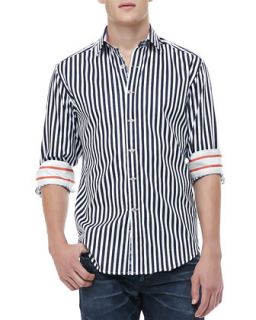 Mens Balik Striped Shirt, White/Blue   Robert Graham   Navy (XXX LARGE)