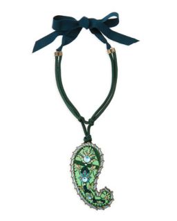 Long Crystal Paisley Pendant Ribbon Necklace   Lanvin   Green