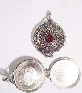 Solid 925 St Sterling Silver Garnet Round Prayer Box Locket God Wish Pendant 1 x 5/8 x 1/2 Inches Made In Bali By Master Silver Smiths With Red Garnet January Birth Stone Jewelry