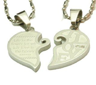 Stainless Steel Couples Love Heart 2 Necklace Pendant Set (His and Hers) Reads "Life Is the Flower for Which Love Is the Honey" Fashion Jewelry Collection Jewelry