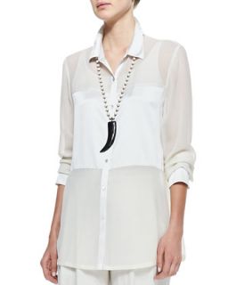 Womens Silk Charmeuse Long Button Front Shirt   Eileen Fisher   Black (M