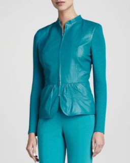 Womens Leather Peplum Zip Jacket, Teal   St. John Collection   Teal (2)
