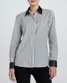 Womens Striped Leather Trim Shirt, Petite   Go Silk   White/Black (PS (4/6))