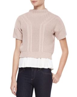 Womens Short Sleeve Mock Neck Cropped Sweater, Bubble Pink   Rebecca Taylor  