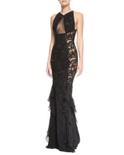 Womens Beaded Lace & Sheer Panel Gown, Nero Black   Emilio Pucci   Nero (42/8)