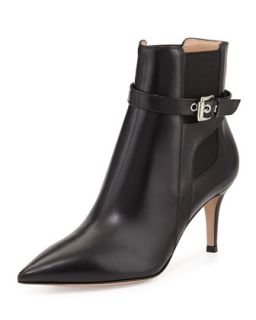 Buckled Leather Point Toe Bootie, Black   Gianvito Rossi   Black (36.0B/6.0B)