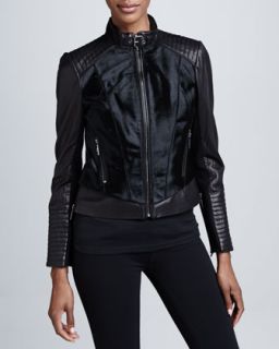 Womens Mixed Media Leather & Fur Moto Jacket   BCBG   Black (LARGE)