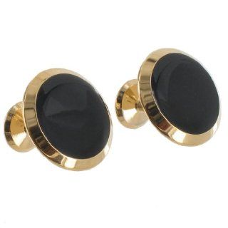 Gold Tone Metal Large Round Black Push Through Fixed Back Mens Cufflinks Cuff Links Jewelry