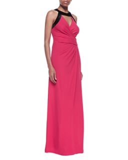 Womens Cutout Wrap Front Gown, Ruby/Black   Halston Heritage   Ruby/Black