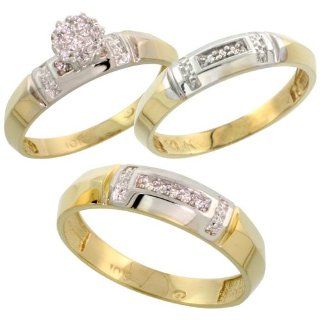 10k Yellow Gold Diamond Trio Engagement Wedding Ring Set for Him and Her 3 piece 4.5 mm & 4 mm wide 0.10 cttw Brilliant Cut, ladies sizes 5   10, mens sizes 8   14 Jewelry