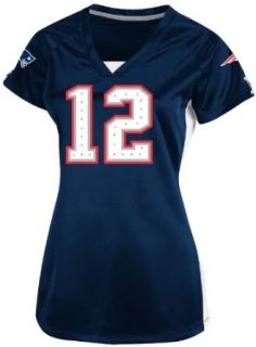 NFL Womens New England Patriots Tom Brady Draft Him II Short Sleeve Raglan V Neck Tee (Athletic Navy/White/Stone Gray, Large)  Sports Fan T Shirts  Clothing