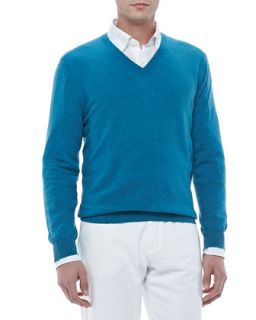 Mens V Neck Pullover Sweater, Emerald   Ermenegildo Zegna   Green (XL)