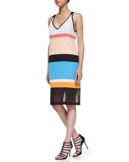 Womens Sleeveless Colorblock Dress with Mesh Hem   DKNY   Blk/Trp/Mar/Mul