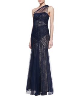 Womens One Shoulder Lace & Tulle Gown, Navy/Nude   ML Monique Lhuillier  
