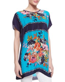 Tiffany Silk Floral Print Short Sleeve Tunic, Womens   Tolani   Turquoise (1X