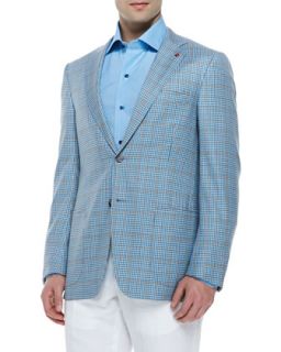 Mens Wool Plaid Sport Coat, Aqua Check   Isaia   Aqua blue (46R)