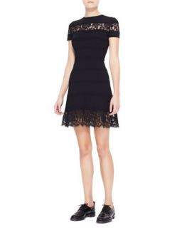 Womens Lace Insert Striped Dress, Black   Valentino   Black/Ivory (SMALL)