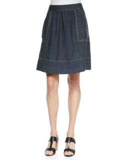 Womens Linen Knee Length Skirt, Denim   Eileen Fisher   Denim (XL (18))