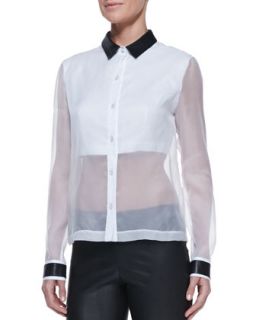 Womens Leather Collar Sheer/Solid Organza Blouse   Robert Rodriguez   White