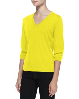 Womens V Neck Silk Cashmere Top, Yellow   Yellow (LARGE)