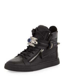 Mens Lizard Print Leather High Top Sneaker, Black   Giuseppe Zanotti   Black