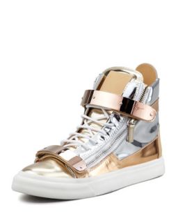 Mens Metallic Colorblock High Top Sneaker, Silver/Gold   Giuseppe Zanotti  