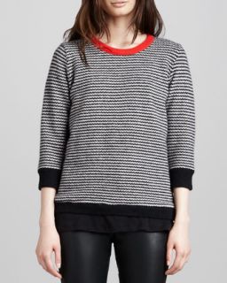 Womens Striped Contrast Neck Sweater, Black/Bone   Halston Heritage   Black