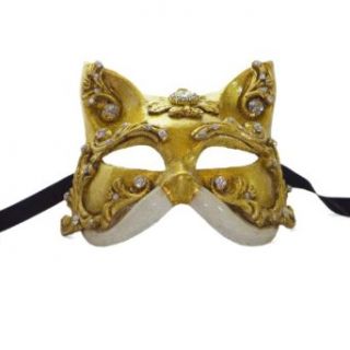 Women's White Diamond Cat Venetian Masquerade Mask Gold Costume Masks Clothing