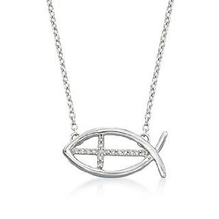 Silver Ichthus, Diamond Accent Cross Pendant Necklace. 16" Jewelry