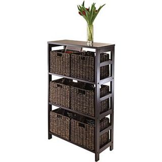 Winsome Granville Wood 7 Pc Storage Shelf With 6 Foldable Corn Husk Baskets, Espresso