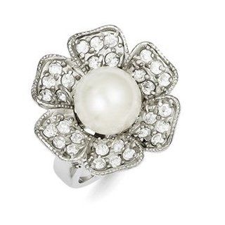 Sterling Silver Simulated Pearl & CZ Cocktail Ring Size 7 Flower Jewelry Jewelry