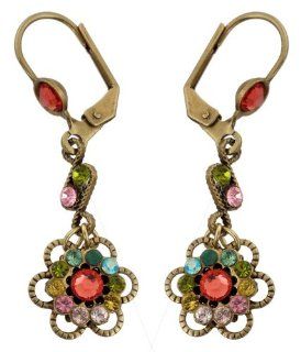 Michal Negrin Dangle Flower Earrings Decorated with Orange, Green and Pink Swarovski Crystals; Vintage Looking Jewelry