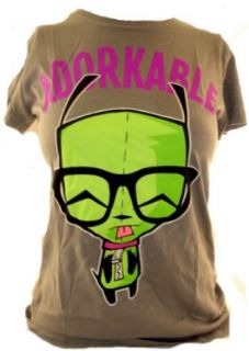 Invader Zim Girls T Shirt   Gir Looking Cute "Adorkable" on Gray (X Small) Clothing