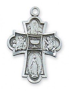 Sterling Silver First Communion 4 Way Medal Necklace   This Traditional Catholic 4  Way Medal Features the Sacred Heart of Jesus, St. Joseph, St. Christopher and the Miraculous Medal and Comes With a 18" Rhodium Plated Chain and Packaged In a White De