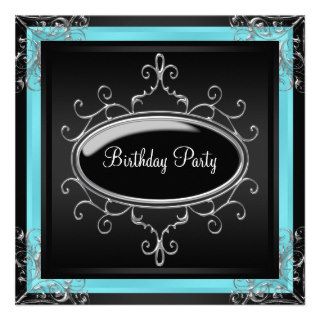 Teal Blue Black Womans Birthday Party Invites